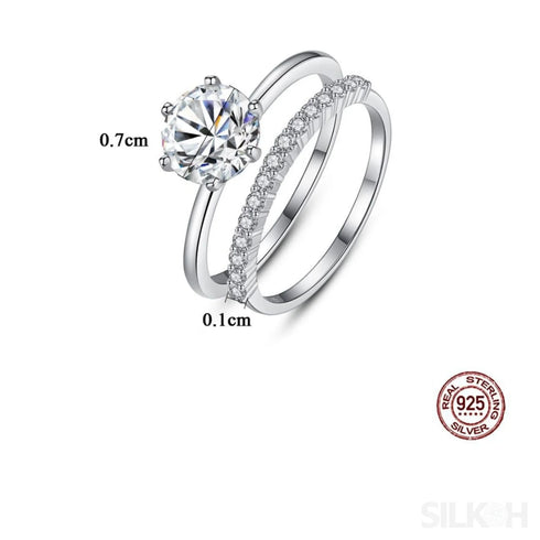 Round Cut Sterling Silver Engagement Ring with Wedding Band