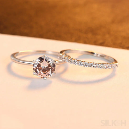 Round Cut Sterling Silver Engagement Ring with Wedding Band