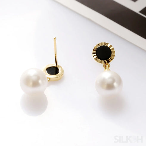 Round Gold Plated Sterling Silver Pearl Drop Stud Earrings