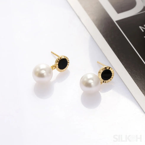 Round Gold Plated Sterling Silver Pearl Drop Stud Earrings