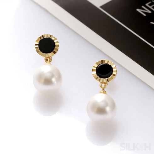Round Gold Plated Sterling Silver Pearl Drop Stud Earrings