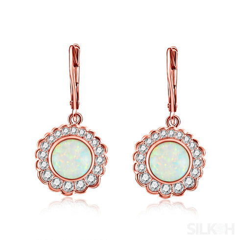 Round Retro Sterling Silver Opal Drop Bridal Earrings Cat