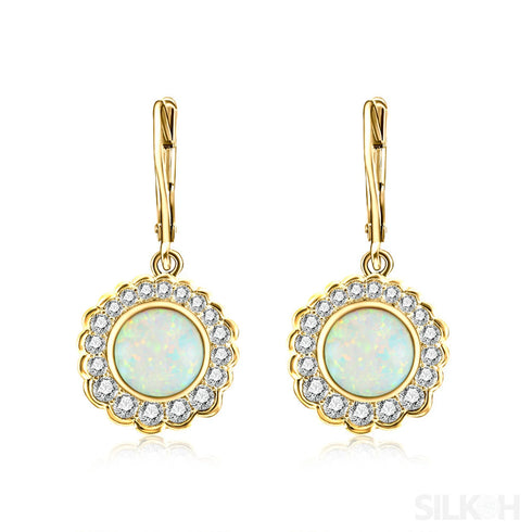 Round Retro Sterling Silver Opal Drop Bridal Earrings Cat
