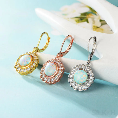 Round Retro Sterling Silver Opal Drop Bridal Earrings Cat