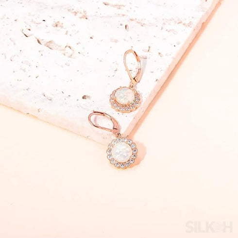 Round Retro Sterling Silver Opal Drop Bridal Earrings Cat