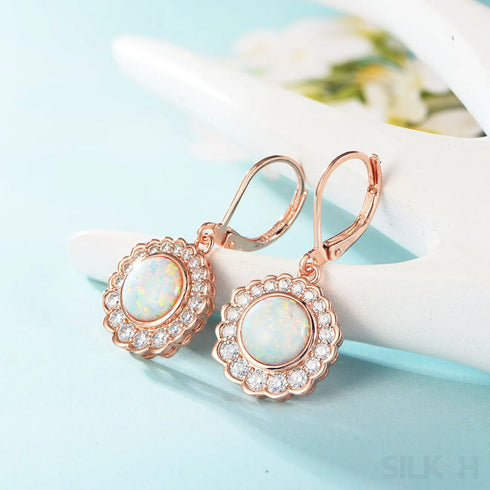 Round Retro Sterling Silver Opal Drop Bridal Earrings Cat
