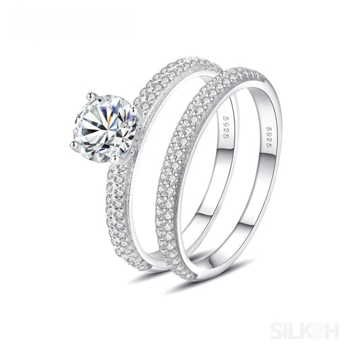 Round Sterling Silver Engagement Ring with Wedding Band