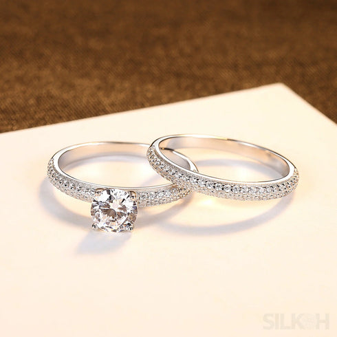 Round Sterling Silver Engagement Ring with Wedding Band