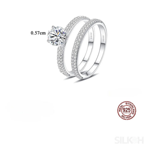 Round Sterling Silver Engagement Ring with Wedding Band