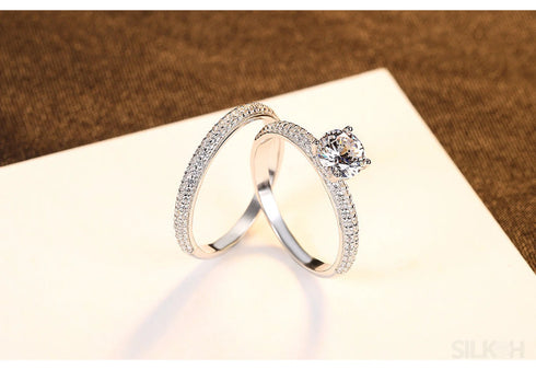 Round Sterling Silver Engagement Ring with Wedding Band