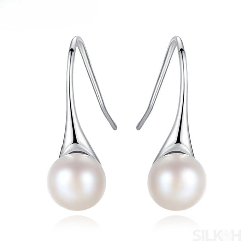 Round Sterling Silver Pearl Drop Earrings Ann - Jewelry