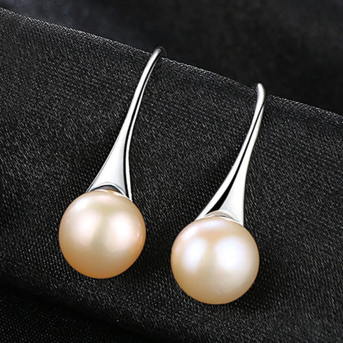Round Sterling Silver Pearl Drop Earrings Ann - Jewelry