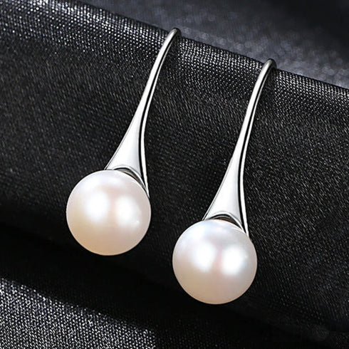 Round Sterling Silver Pearl Drop Earrings Ann - Jewelry