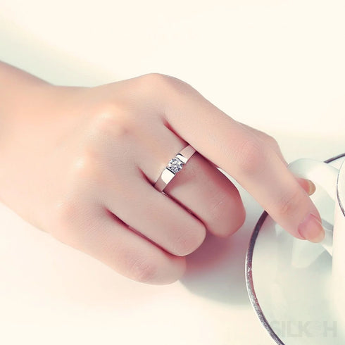 Round Sterling Silver Solitaire Couple Ring Aubrey - Jewelry