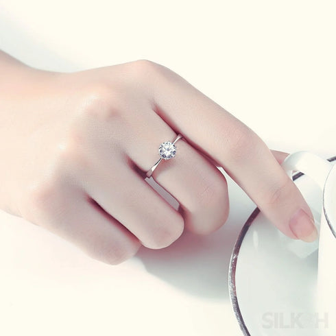 Round Sterling Silver Solitaire Couple Ring Aubrey - Jewelry