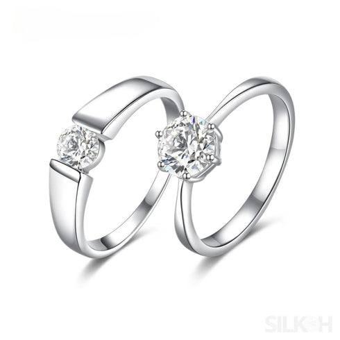 Round Sterling Silver Solitaire Couple Ring Aubrey - Jewelry