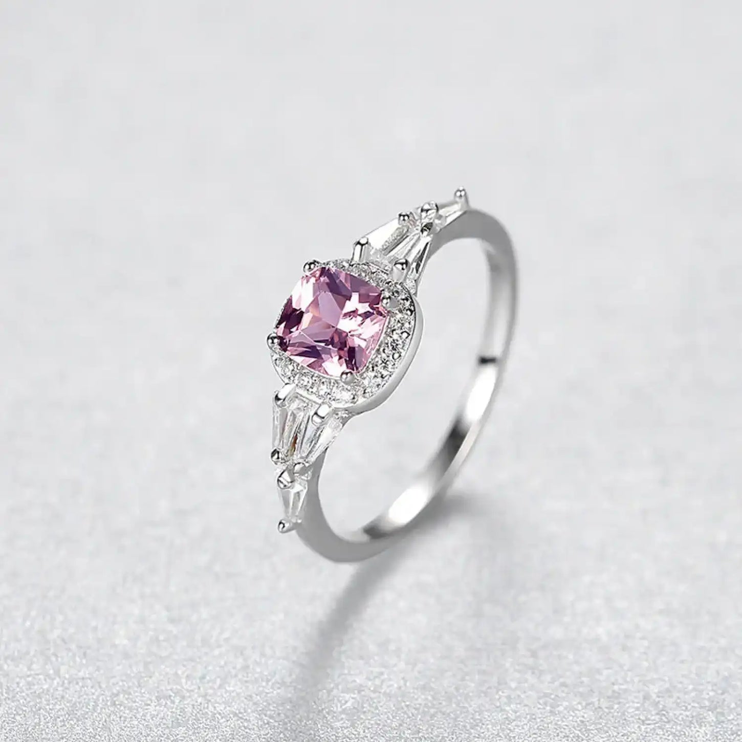 Pink Morganite Cushion Cut Sterling Silver Zircon Ring