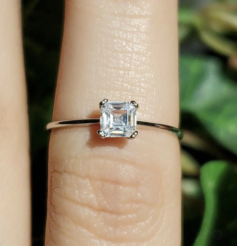 Simple Asscher Cut Sterling Silver Cubic Zirconia Ring