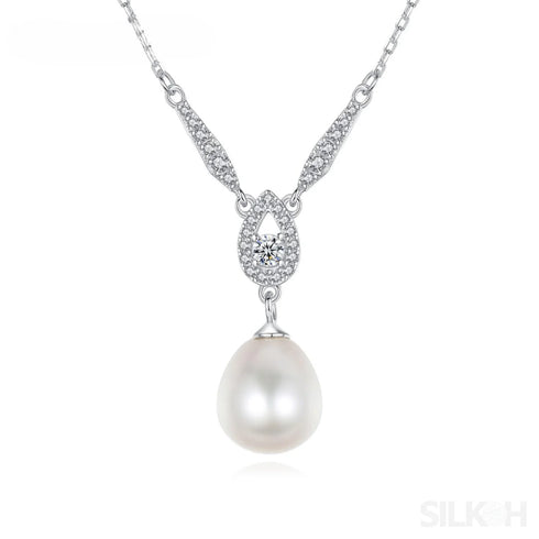 Teardrop Sterling Silver Natural Pearl Necklace Gia