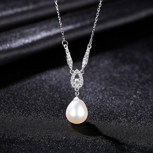 Teardrop Sterling Silver Natural Pearl Necklace Gia