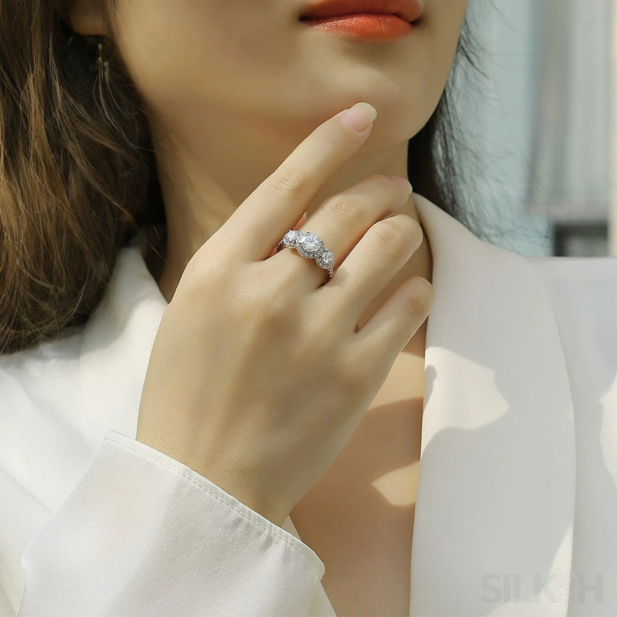 18K Round Moissanite 3 Stone Halo Engagement Ring Alaina – SILKOH